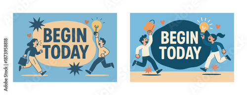 Motivational illustration of businesspeople running with lightbulbs and briefcases