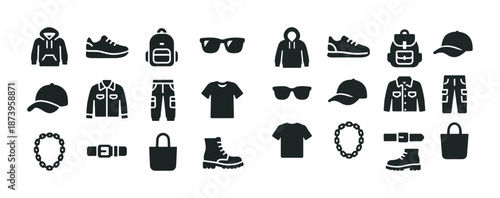 Collection of iconic fashion accessories and clothing silhouettes