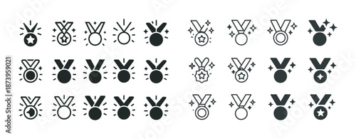 Set of black and white medal icons featuring stars and ribbons