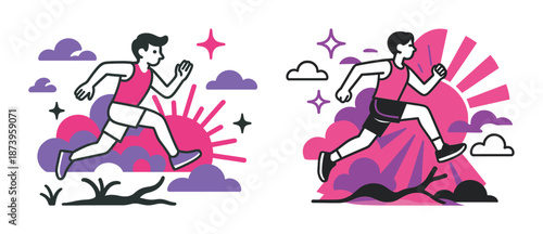 Male runner in nature abstract style with vibrant sunset and cloud elements