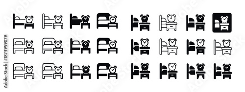 Collection of bed and alarm clock icons in various styles and arrangements