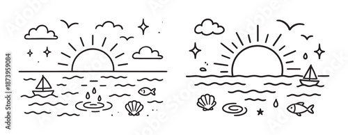 Minimalist ocean sunset with boats, shells, and fish in line art style