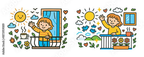 Cheerful children waving from balconies on sunny day with birds and flowers