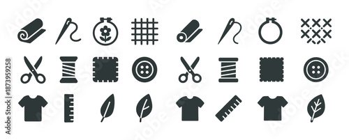 Sewing and craft icons set: tools, fabrics, scissors, needle, thread, button, leaf, ruler