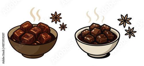 Steaming hot bowls of chocolate cubes with star anise