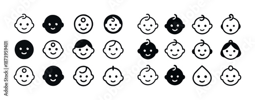 Diverse baby face icons in simple black and white line art style