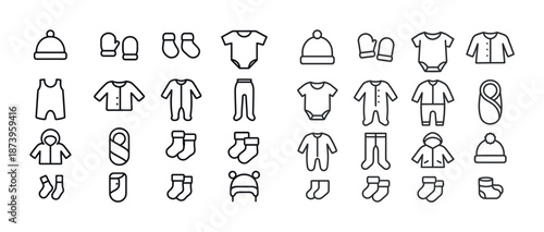 Line art icons of baby clothing and accessories in black and white