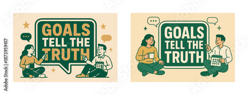 Male and female adults discussing goals with speech bubble illustration