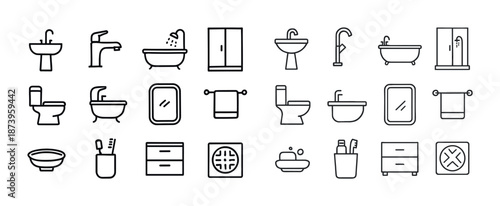 Minimalist bathroom icons set including bathtub, sink, toilet, and mirror designs