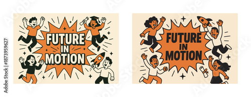 Joyful group celebrating with rocket graphic and 'future in motion' text