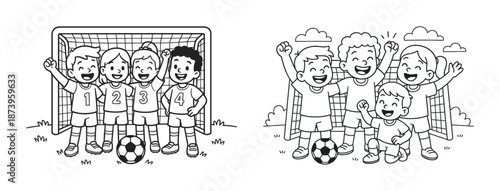 Children playing soccer: group of happy kids in jerseys by goalpost