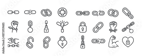 Chain and lock icon set: security, strength, freedom, connection symbols