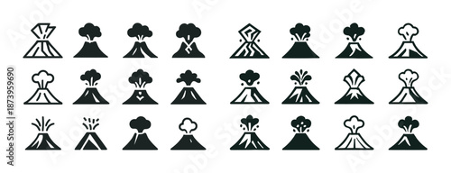 Collection of various volcano eruption icons in black and white