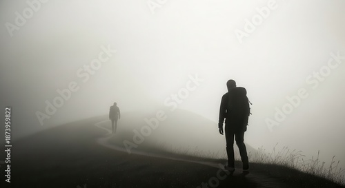 Hikers traverse a winding path obscured by thick atmospheric mist on an outdoor trail