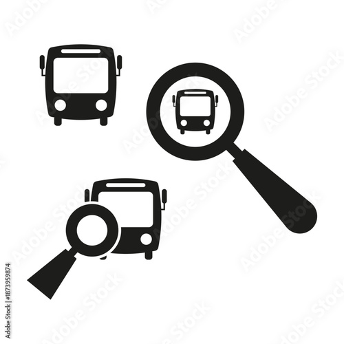 Public bus search. Transport navigation Vector. Magnifying glass icons. Sophisticated clean white background graphics. EPS 10.