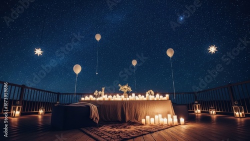 Romantic candlelit dinner setup under starry night sky