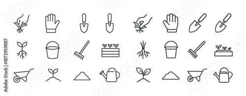 Gardening line icons: tools, plants, and seeds for home gardening projects