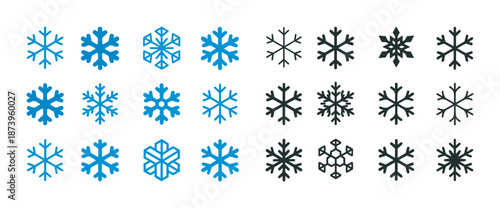 Set of blue and black snowflake icons in various geometric designs