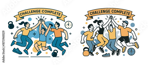 Diverse adults celebrating challenge completion with high fives