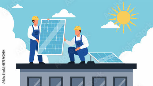 Solar panel installation by two workers on a rooftop under a bright sun and blue sky