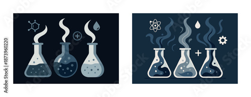 Chemical experiment with steaming flasks and scientific symbols