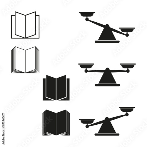 Law scale set collection. Education balance Vector. Knowledge library symbol. Justice book graphic element bundle.