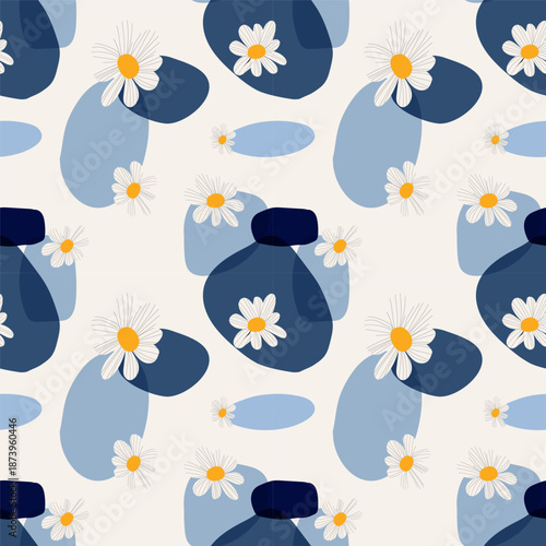 Mid Century Abstract Daisy Floral Seamless Pattern with Organic Shapes