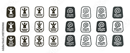 Icon set of stylized human figures and spiral patterns in monochrome