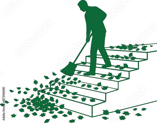 A minimalist black and white illustration of a person sweeping leaves on stairs.