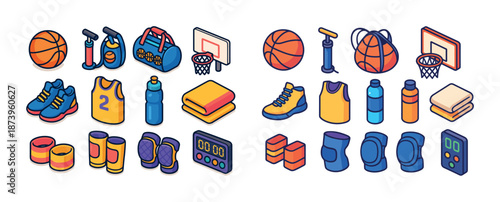 Colorful isometric sports gear collection featuring basketball equipment