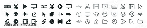 Variety of video editing and media icons in black and white design