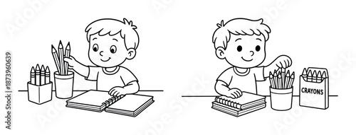 Young caucasian boy coloring with pencils and crayons