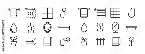 Minimalist bathroom icon set: towels, mirrors, plants, hooks, shelves, and tiles