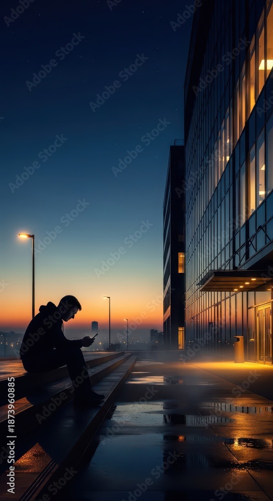Fototapeta premium Young man uses illuminated handheld device while sitting on exterior steps near modern building at twilight