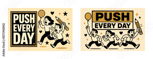 Motivational cartoon posters with diverse characters running and celebrating