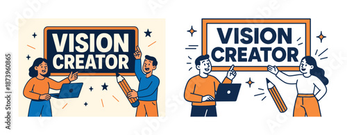 Diverse team collaboration illustration with vision creator concept in blue and orange