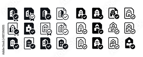 Set of certificate and approval icons with building images