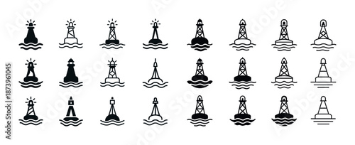 Set of various lighthouse and buoy icons in black and white
