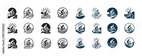 Collection of cycling icons featuring various designs and outdoor themes