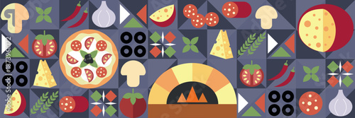 Pizza mosaic seamless pattern, flat design, pizza ingredients and slices, abstract geometric design of Italian pizzeria