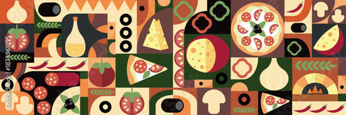 Pizza mosaic seamless pattern, flat design, pizza ingredients and slices, abstract geometric design of Italian pizzeria