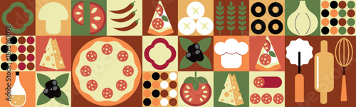 Pizza mosaic seamless pattern, flat design, pizza ingredients and slices, abstract geometric design of Italian pizzeria