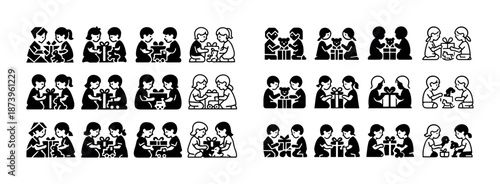Diverse children engaged in toy play in black and white vector icons