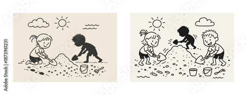 Children building sandcastles on sunny beach: playful day for young caucasian boy and girl