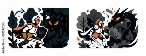 Courageous knight confronting dragon in enchanted forest illustration