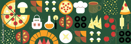 Pizza mosaic seamless pattern, flat design, pizza ingredients and slices, abstract geometric design of Italian pizzeria