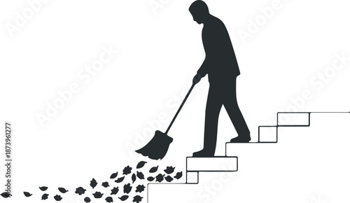 A minimalist black and white illustration of a person sweeping leaves on stairs.