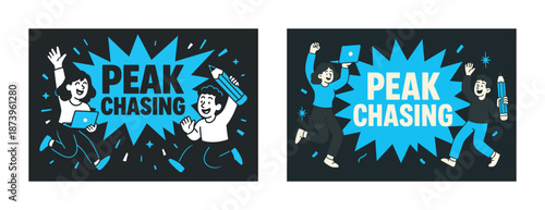 Lively cartoon characters celebrating achievement with peak chasing theme