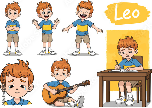 Cartoon boy with red hair named leo in various poses and activities