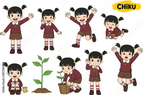 Cartoon girl planting a tree in various poses